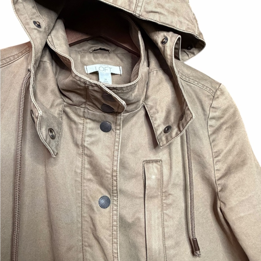 LOFT Tan Hooded field barn Jacket Button front and zipper cinched waist-SZ M - Picture 6 of 12